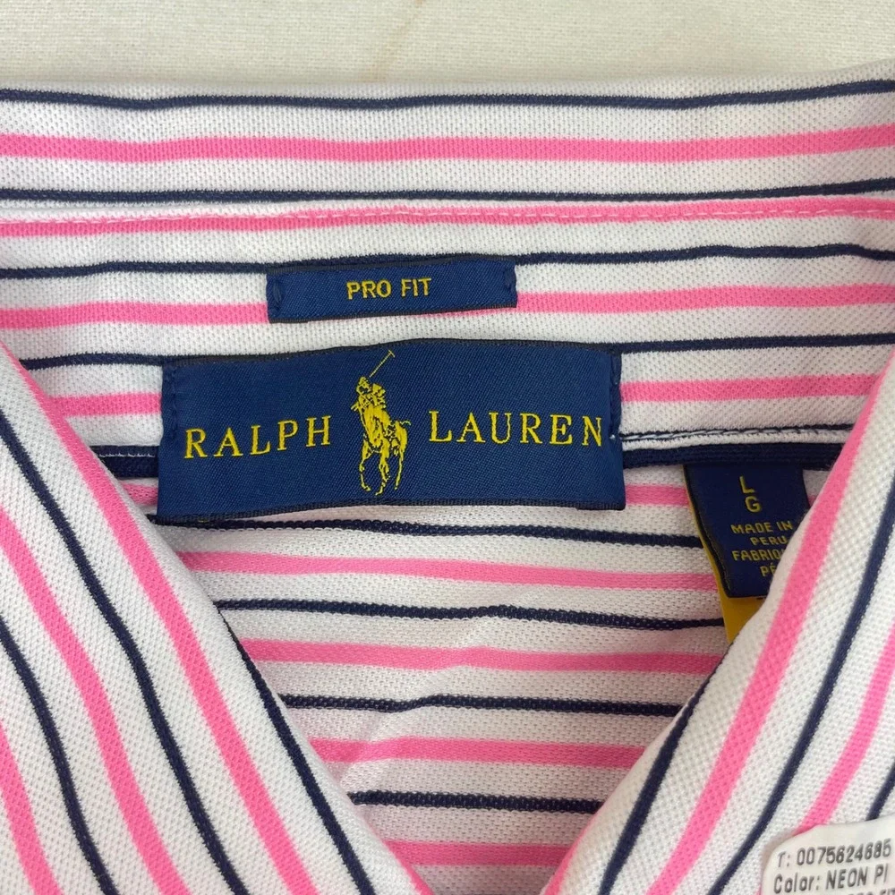 Ralph Lauren Pro Fit Men Polo Shirt Large Pink Navy Blue Striped Short Slv NWOT